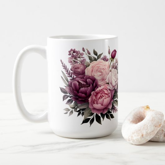 Roze Wit Paarse Roos Pioenrozen Bloembloem Koffiemok (Met donut)