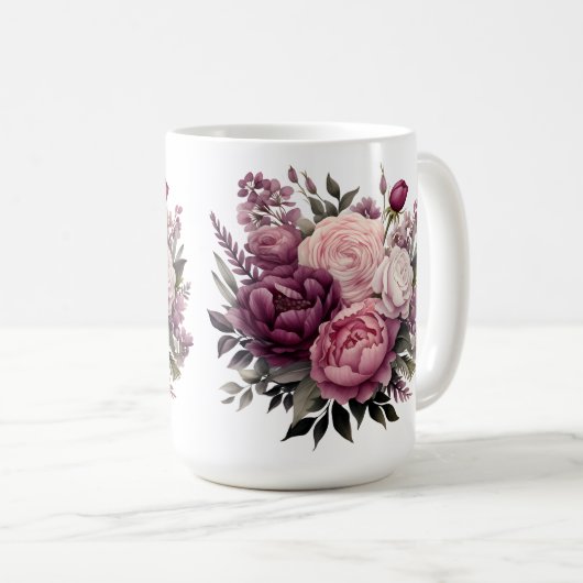 Roze Wit Paarse Roos Pioenrozen Bloembloem Koffiemok (Voorkant rechts)