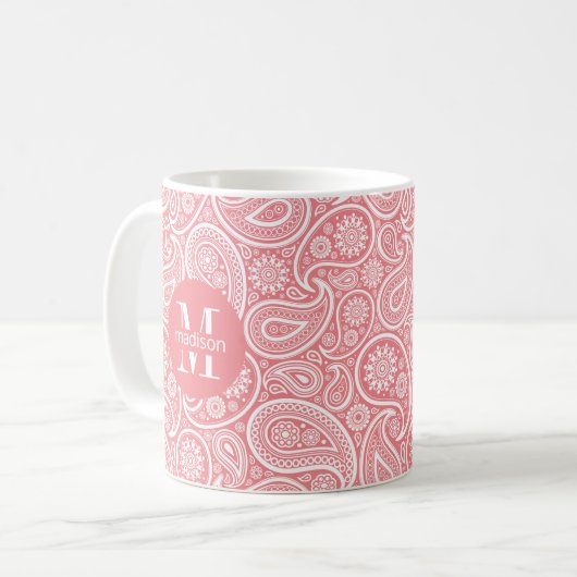 Roze, Wit  Paisley Patroon Monogram Koffiemok (Voorkant links)