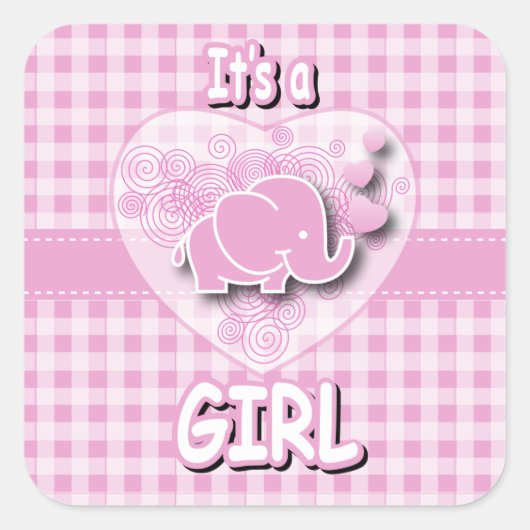 Roze & Wit Plaid Baby Olifant Vierkante Sticker (Voorkant)