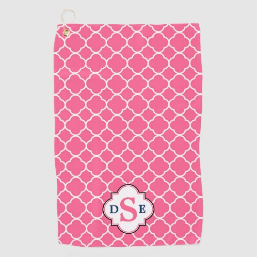 Roze wit quatrefoil monogram golfhanddoek (Voorkant)