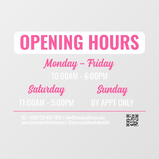 Roze & Wit Retro Script QR Code Openingstijden Raamsticker (Vel)