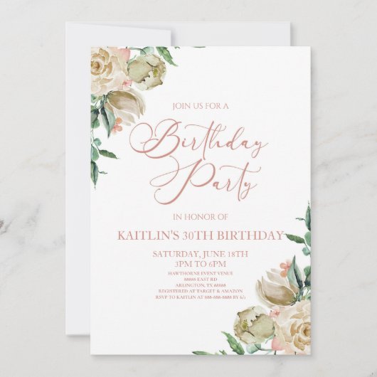 Roze Wit Rose Bloemen Verjaardagsfeest Kaart (Voorkant)