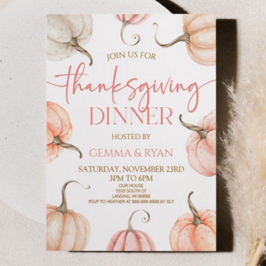 Roze Wit Sinaasappel Pompoen Thanksgiving Diner Kaart