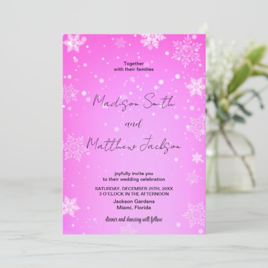 Roze Wit Sneeuwt Bruiloft Uitnodigingen (Staand voorkant)