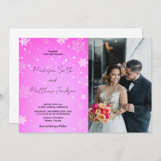 Roze Wit Sneeuwt Bruiloft Uitnodigingen met foto (Voorkant / Achterkant)