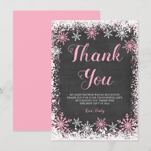 Roze Wit Sneeuwvlok Meisje Baby shower Bedankkaart (Voorkant / Achterkant)