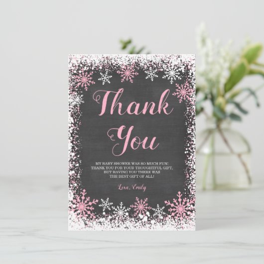 Roze Wit Sneeuwvlok Meisje Baby shower Bedankkaart (Staand voorkant)