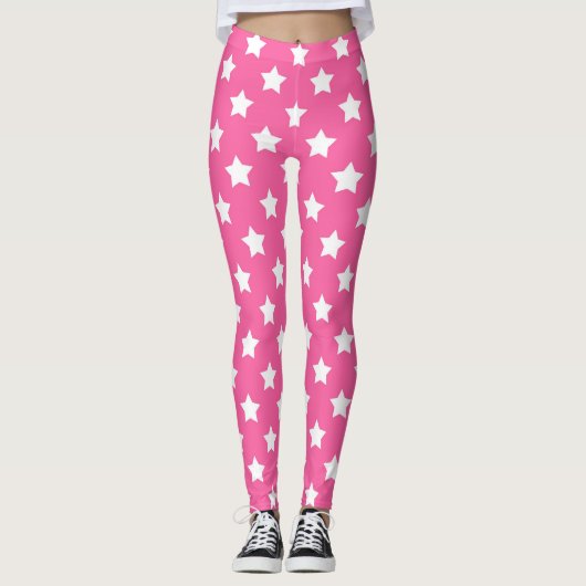 Roze Wit Sterren Patroon Decoratief Leggings (Voorkant)