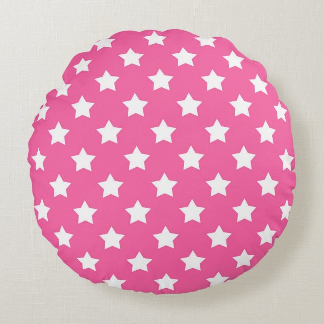 Roze Wit Sterren Patroon Decoratief Rond Kussen (Voorkant)