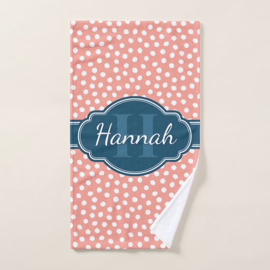 Roze Wit Stippenpatroon Navy Monogram Handdoek (Handdoek)