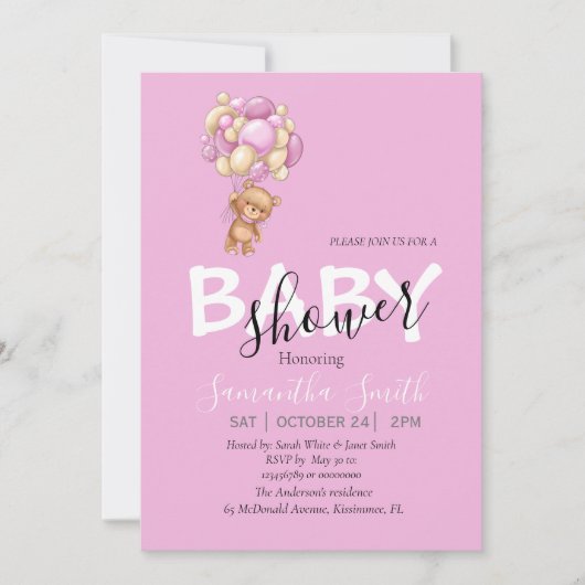 Roze Wit teddy party uitnodiging (Voorkant)