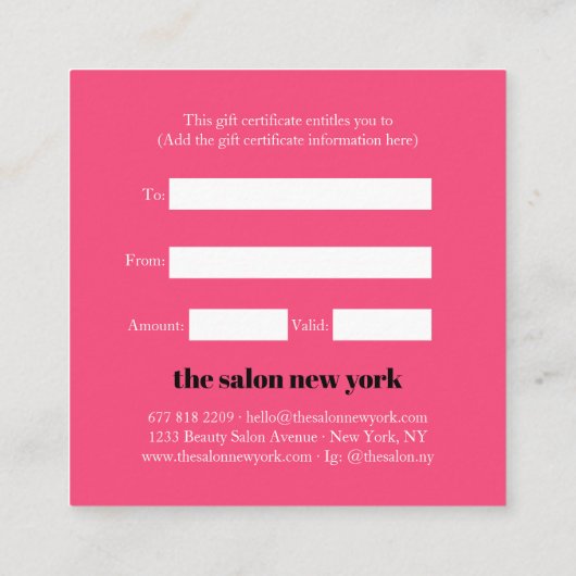 Roze wit vet typografie salon cadeaubon kortingskaartje (Achterkant)