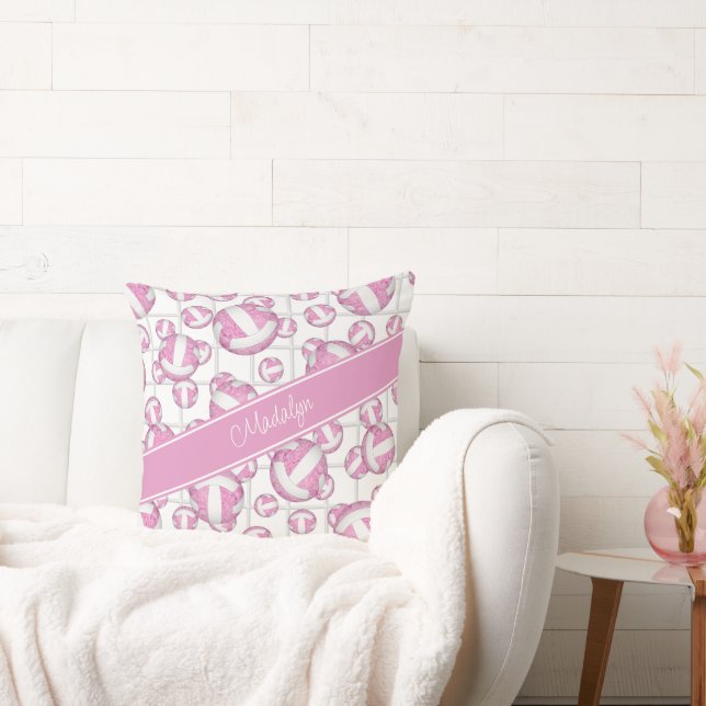 Roze wit volleybalpatroon netaccent kussen (Bank)
