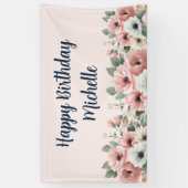 Roze Wit Waterverf Bloemend Happy Birthday Spandoek (Verticaal)