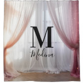 Roze Wit Zijde Zwart Monogram Schattige Script Wed Douchegordijn (Voorkant)
