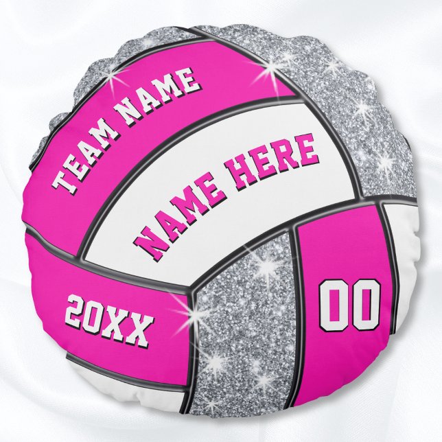 Roze, Wit, Zilver Gepersonaliseerd Volleybal Kusse Rond Kussen (Round volleyball pillow. Pink and white volleyball pillow. Unique volleyball gifts for girls.)
