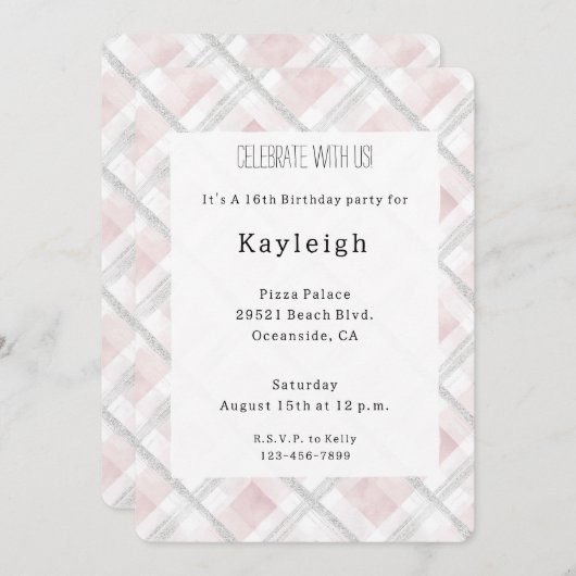 Roze Wit Zilveren Glitter Squares Verjaardag Kaart (Voorkant / Achterkant)