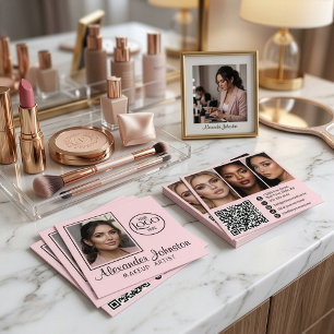 Roze Wit & Zwart Script Make-up Foto Personaliseer Vierkante Visitekaartje