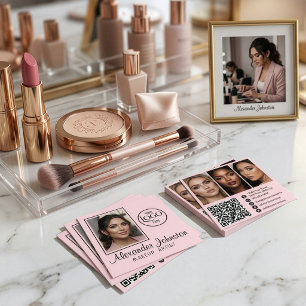 Roze Wit & Zwart Script Make-up Foto Personaliseer Vierkante Visitekaartje