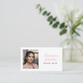 Roze Wit & Zwart Script Make-up Foto Personaliseer Visitekaartje (Staand voorkant)