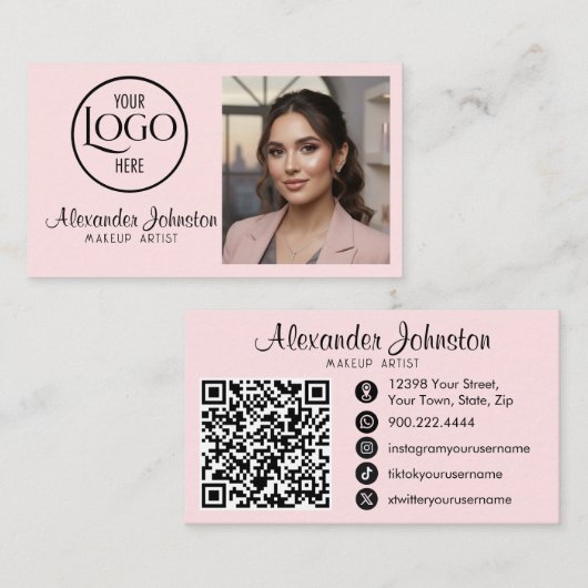 Roze Wit & Zwart Script Make-up Foto Personaliseer Visitekaartje (Voorkant / Achterkant)