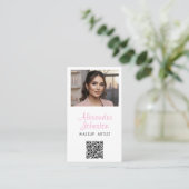 Roze Wit & Zwart Script Make-up Foto Personaliseer Visitekaartje (Staand voorkant)