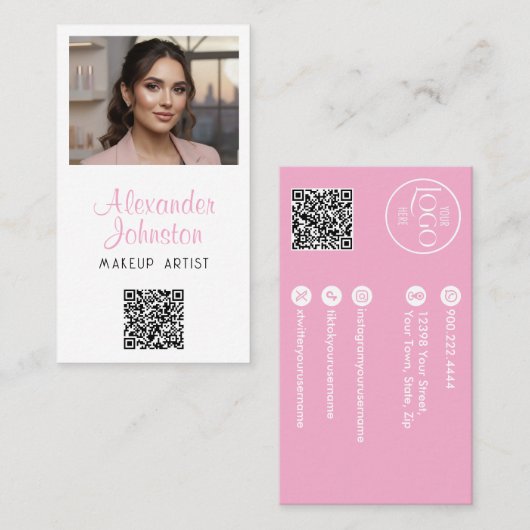 Roze Wit & Zwart Script Make-up Foto Personaliseer Visitekaartje (Voorkant / Achterkant)