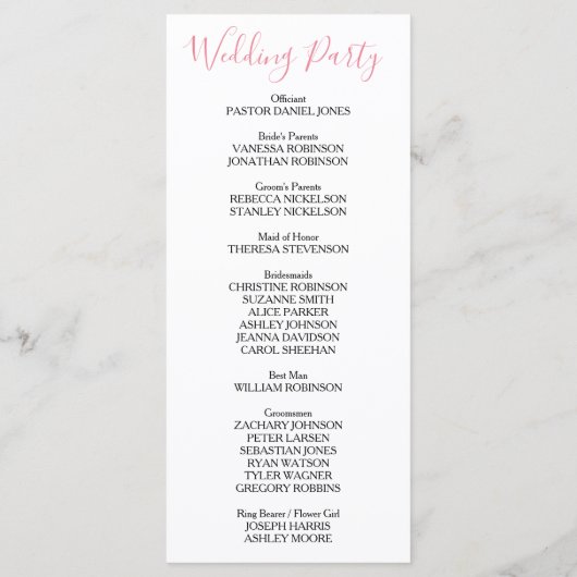 Roze Wit Zwart Trouwprogramma Programmakaart (Achterkant)