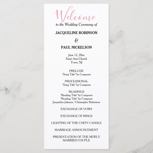 Roze Wit Zwart Trouwprogramma Programmakaart (Voorkant)