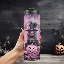 Roze Witchy Spiderwebs Halloween Gepersonaliseerd Thermosbeker