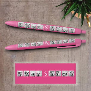 Roze Witte 8 Foto Collage Aangepast Monogram Zwarte Inkt Pen