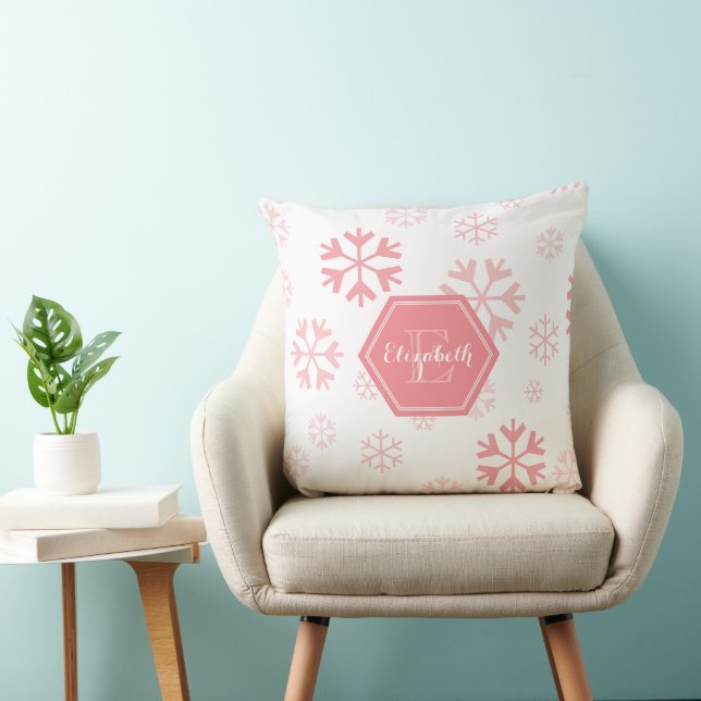Roze witte aangepaste monogram sneeuwvlokken werp  kussen (Stoel)