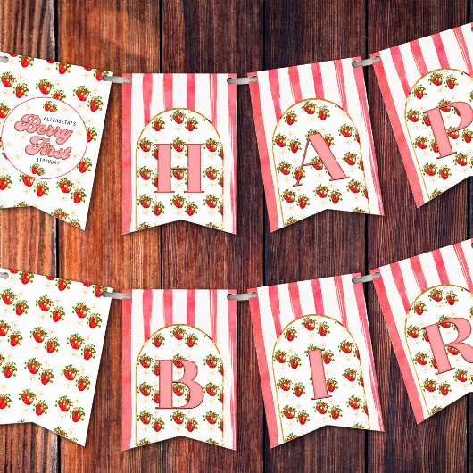 Roze Witte Aardbei Berry Eerste Gelukkige Verjaard Vlaggetjes