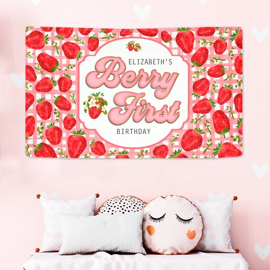 Roze Witte Aardbei Patroon Berry Eerste Verjaardag Spandoek