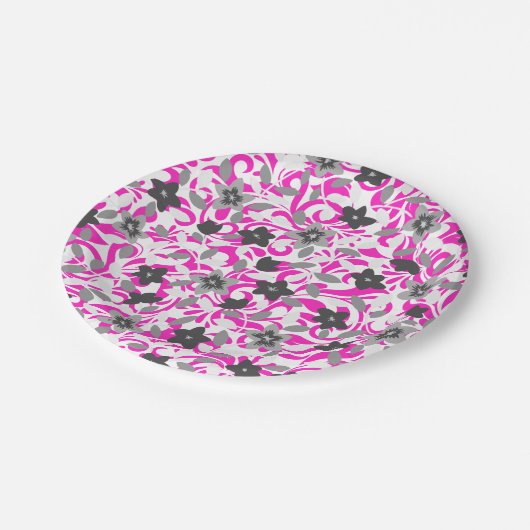Roze witte abstracte bloemen papieren bordje (Gekanteld)