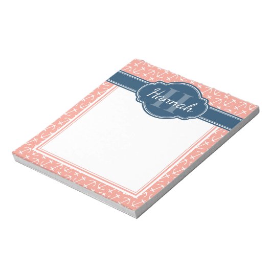 Roze witte anchor Pattern Blue Monogram Notitieblok (Linkerzijde)