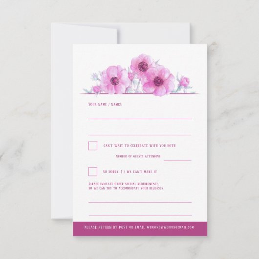 Roze witte anemoon bloemenbruiloft antwoord RSVP (Achterkant)