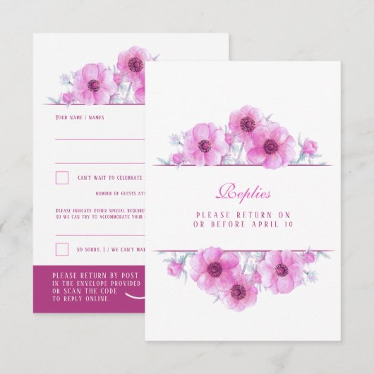 Roze witte anemoon bloemenbruiloft QR antwoord RSV (Voorkant / Achterkant)