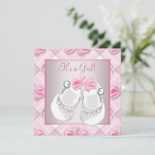 Roze Witte Baby Schoenen Roze Baby Meisje Douche Kaart (Staand voorkant)