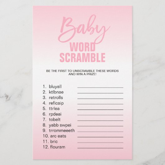 Roze witte Baby shower WORD SCRAMBLE Flyer (Voorkant)