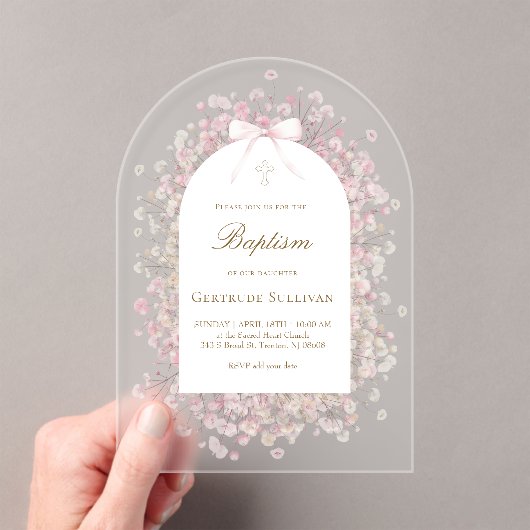 roze witte baby's adem bloemen doop acryl uitnodigingen (Insitu (Draagbaar))