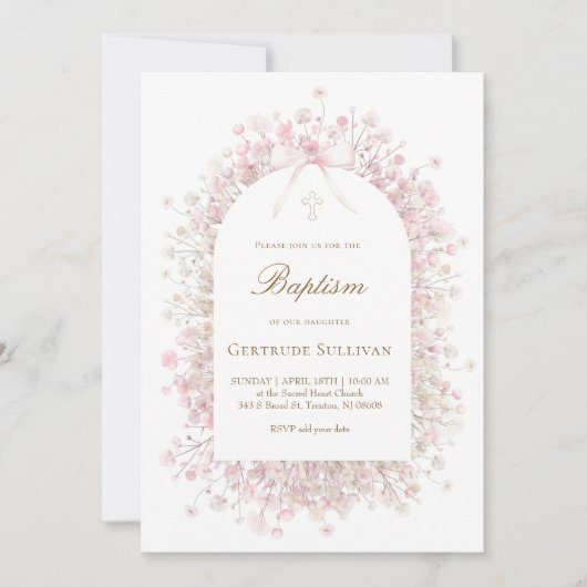 roze witte baby's adem bloemen doop kaart (Voorkant)