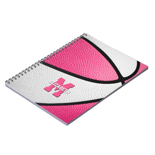 roze witte basketbal meisjes monogram notitieboek (Linkerzijde)