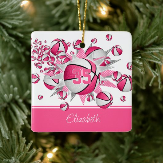 roze witte basketbal meisjes sport keramisch ornament (Boom)