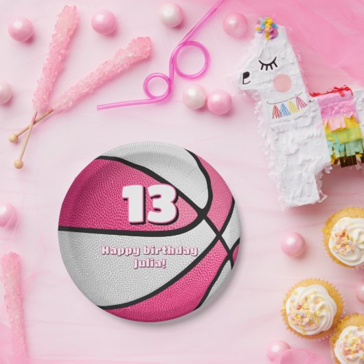 Roze Witte Basketbal Meisjes Sportfeest Papieren Bordje (Feest)