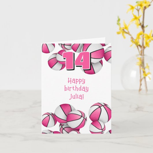 Roze Witte Basketballen Kinderverjaardag Kaart (Gele Bloem)