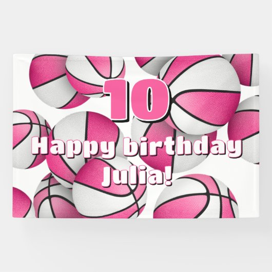 Roze Witte Basketballen Meisjes Sport verjaardagsf Spandoek (Horizontaal)