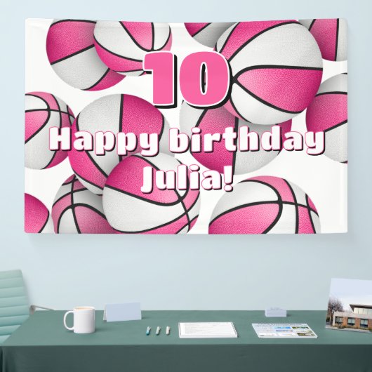 Roze Witte Basketballen Meisjes Sport verjaardagsf Spandoek (Beurs)