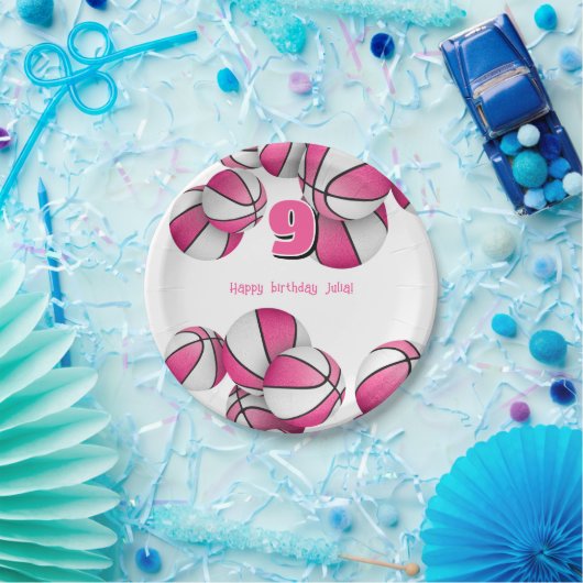 Roze Witte Basketballen Meisjes Verjaardagsfeest Papieren Bordje (Feest)